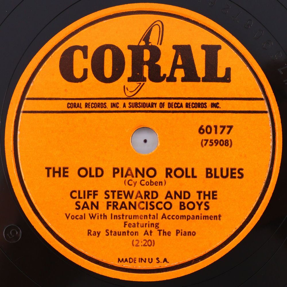 Cliff Steward, Old Piano Roll Blues / Always Say No 1950 10" 78 rpm Record 60177